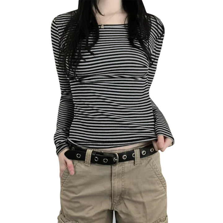Long Sleeve Shirts for Women Fashion Casual Basic Crew Neck Striped Slim Fit T-shirt Going Out Blouses Y2K Vintage Tight Shirts