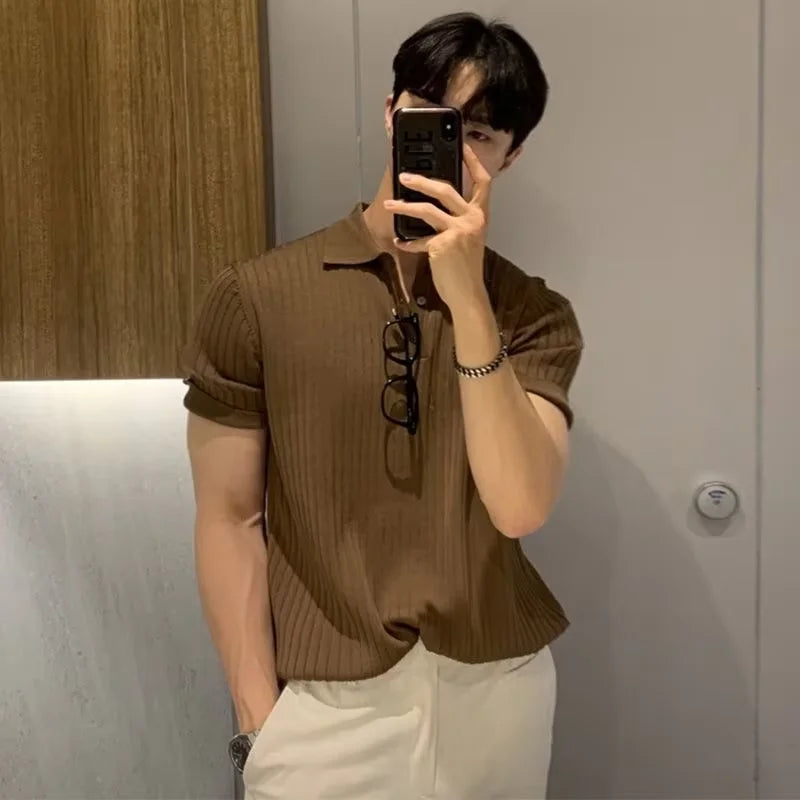 Summer New Men Knitted Shirts Short Sleeve Polo T-Shirts Tops Male Fashion Casual T Shirt Breathable Solid Polo Tee Man Clothing