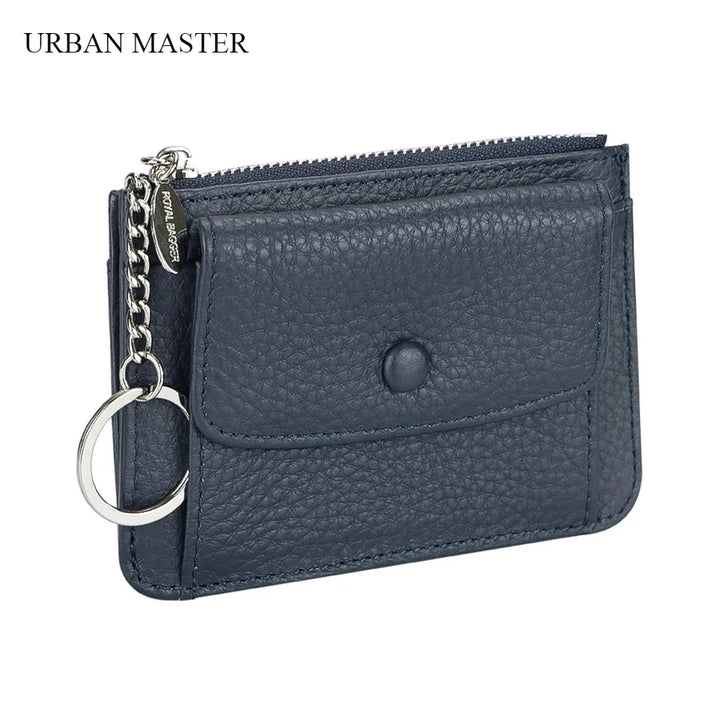 محفظة جلدية نسائية للبطاقات والعملات المعدنية مع سلسلة مفاتيح