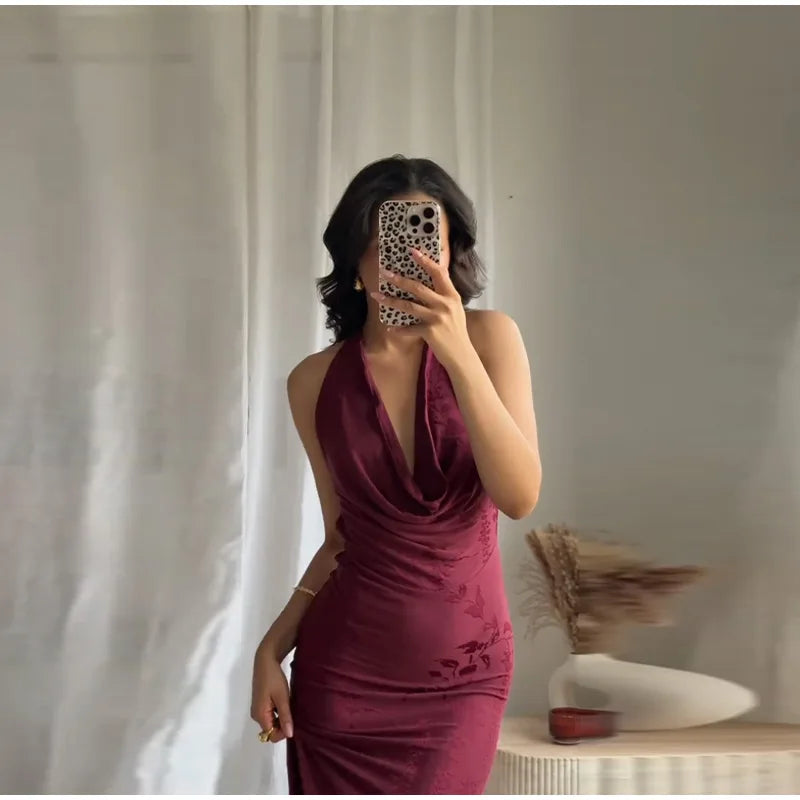 Women’s 2026 Vintage Red Lace-Up Dress – Sleeveless Deep V Neck Elegant Party Gown
