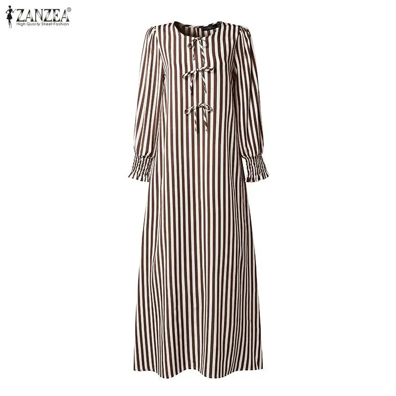 ZANZEA Fashion Muslim Dresses Ramadan Abaya Elegant Women O  Neck Long Sleeve Striped Sundress Casual Kaftan Dubai Robe Femme