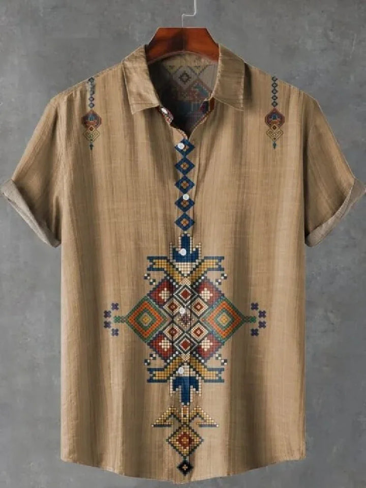 Men's Fashionable Casual Shirt Short-Sleeved 3D Printed Pattern Clothing Shirt Linen