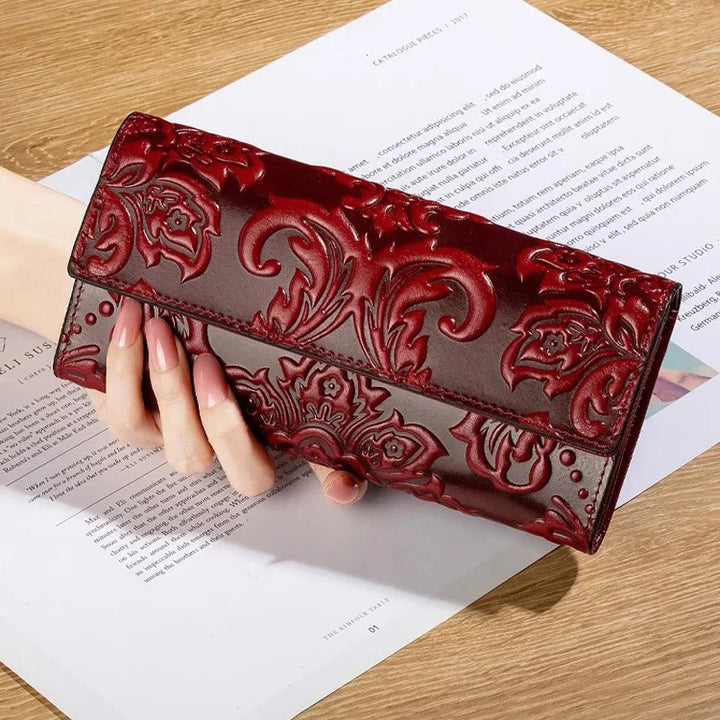 Genuine Leather Purse Women Large Real Leather Clutch Long Women's Cow Leather Purses Floral Ladies Wallets