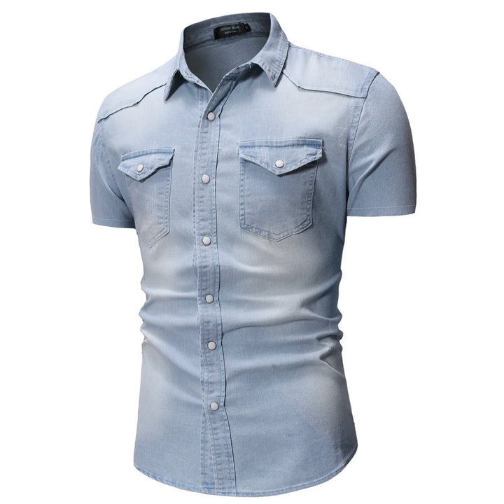 Men Denim Shirts Tops Shirt Short Sleeve Button Turn Down Collar Single Breasted Slim Fit Solid Simple Casual Splice Top 2024