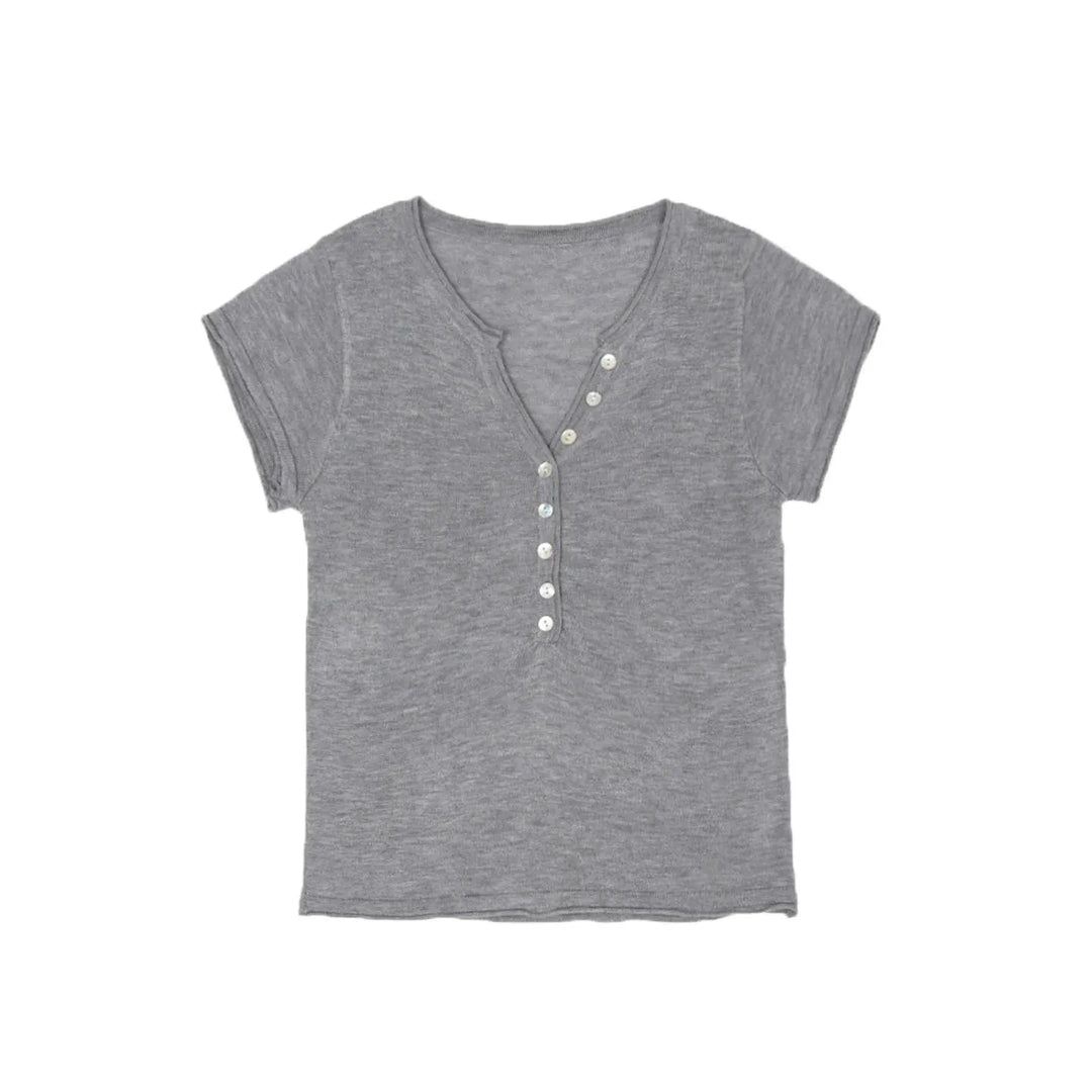 Shell Button Knit T-shirts Women Summer Simple Versatile Slim V-neck Short Sleeve Tess Sweet Korean Style Chic Tshirt Tops New