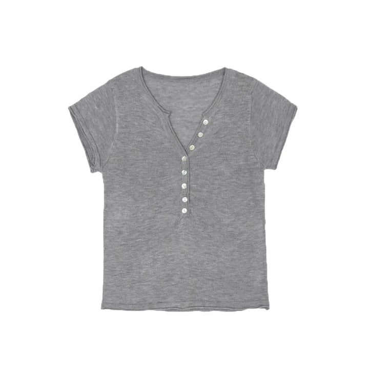 Shell Button Knit T-shirts Women Summer Simple Versatile Slim V-neck Short Sleeve Tess Sweet Korean Style Chic Tshirt Tops New