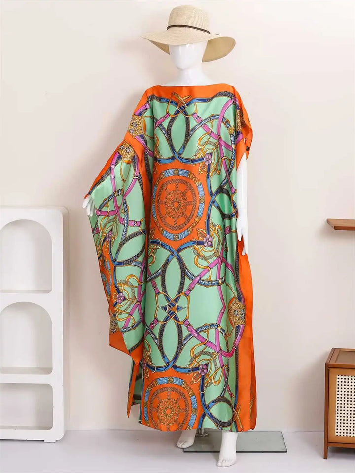 Women Muslim Kaftan Abaya With Matching Hijab Scarf Chain Print Maxi Dress Loose Batwing Sleeve Long Robe Set For Malay