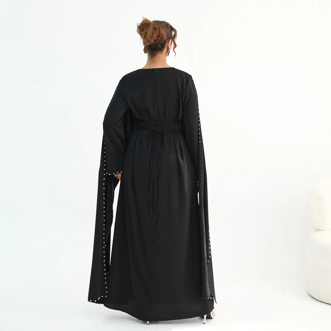 Luxury Dubai Shawl Abaya Elegant Beaded Waist Cinching Kaftan Muslim Women Traditional Dress Maxi Long Sleeve Robe Eid Outfit