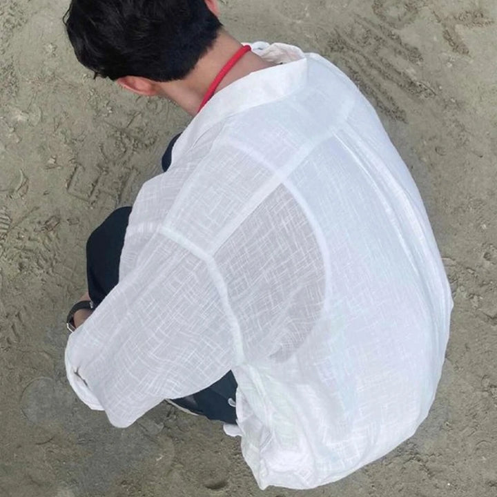 Men's Shirt Premium Thin White Loose Breathable Shirt Loose Long Sleeve Sun Protection Tees Lightweight Vacation Pockets Shirts