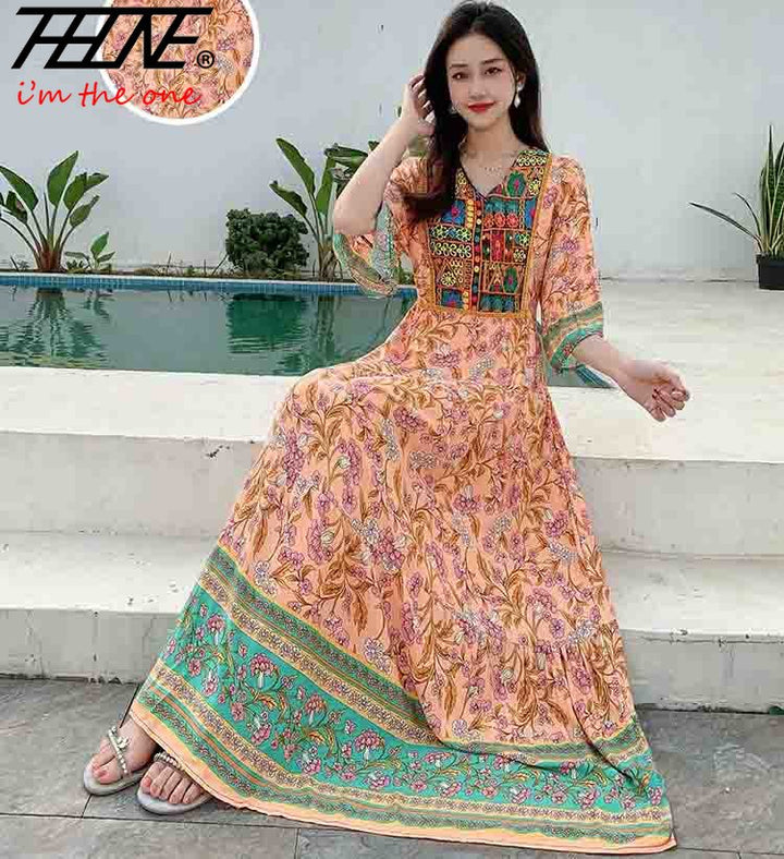 Women’s Indian Summer Dress – Embroidered Elegant Maxi Party & Beach Dress