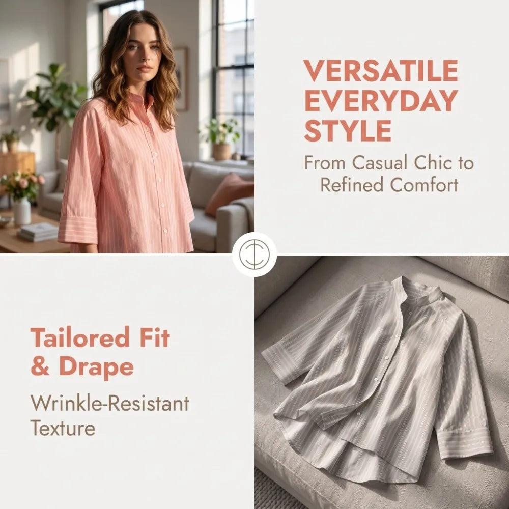 Striped Loose Striped Shirt Elegant Mid Sleeve Button Tops European American Style Asymmetric Casual Blouse for Woman