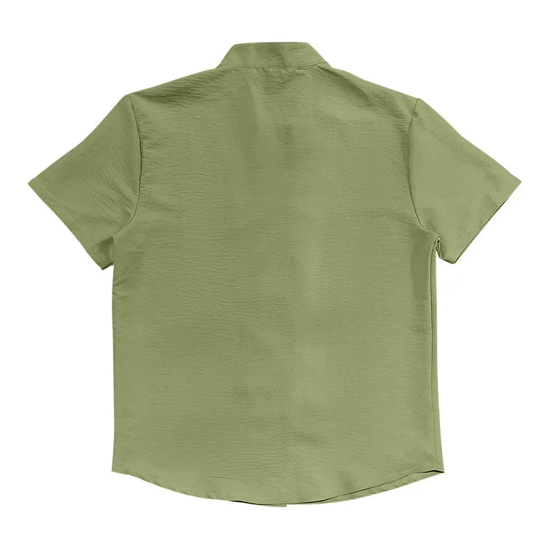 Summer New Short Sleeve Shirts for Men Fashion Solid Casual Linen Tops Breathable Stand Collar Loose Beach Blouses Men Clothing