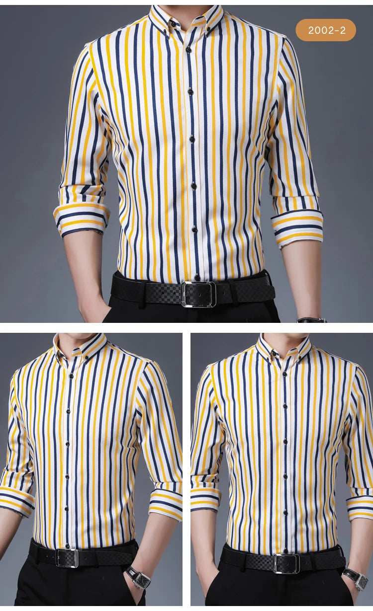 Men's Elegant  Striped Iron-Free Long Sleeve Dress Shirts - Breathable, Stretchy Casual Button Up Shirt For Formal Occasions