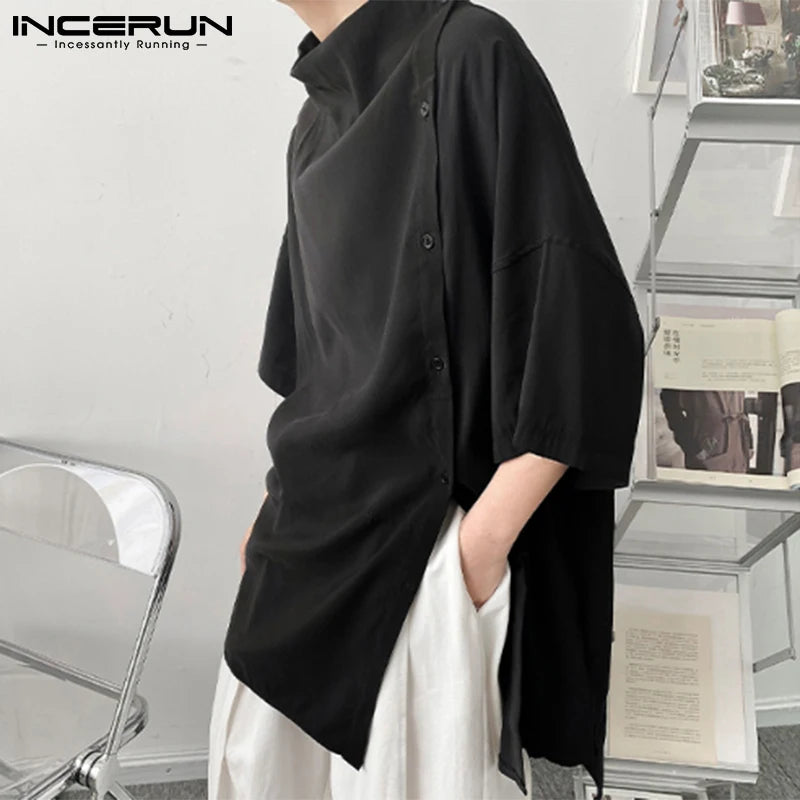 Handsome Well Fitting Men's Casual Shirts Solid Color Turtleneck Half Sleeve Button Up Camisa Masculina S-5XL INCERUN Tops 2023