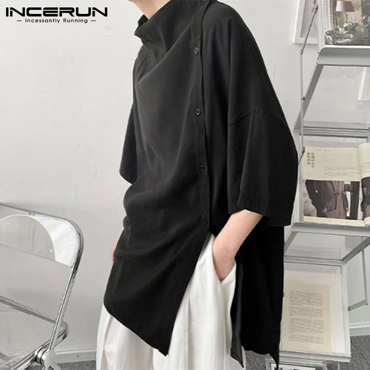 Handsome Well Fitting Men's Casual Shirts Solid Color Turtleneck Half Sleeve Button Up Camisa Masculina S-5XL INCERUN Tops 2023