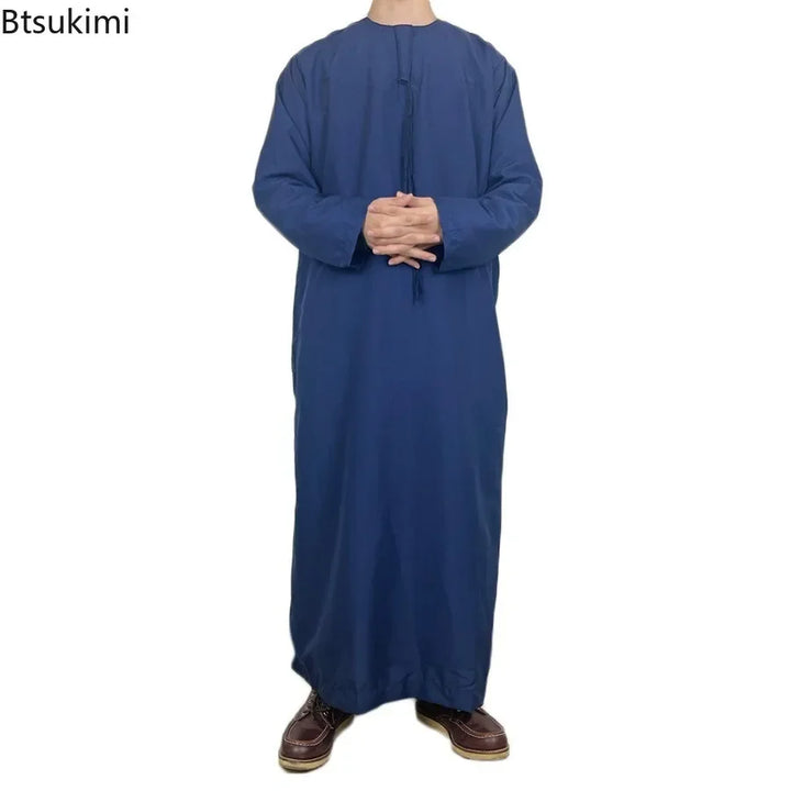 Middle East Arab Kaftan Men Muslim Clothing Solid Long-sleeved Round Neck Robes Causal Loose Men Jubba Thobe National Costumes