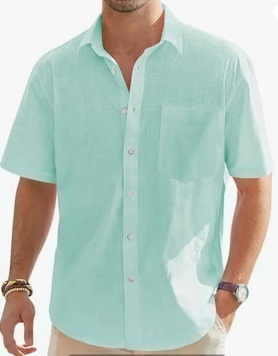 Men's Summer New Style European and American Fashion Classic Comfortable Breathable Cotton and Hemp Solid Color Top Shirt