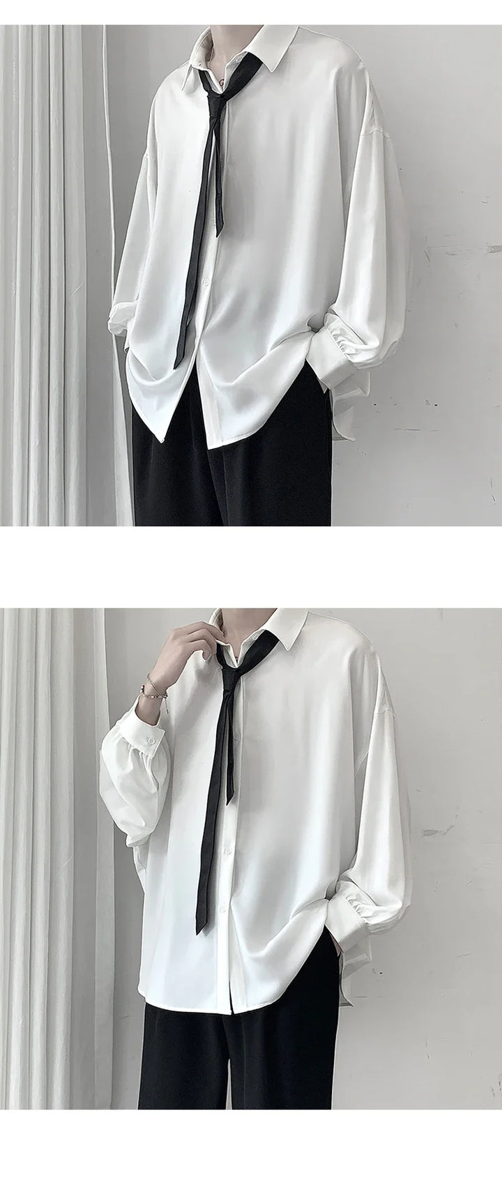 Korean Style Men's Long-sleeved Shirts Black Tie Cozy Casual Solid Oversize Blouses Breathable Loose Shirt Harajuku Male Clothes