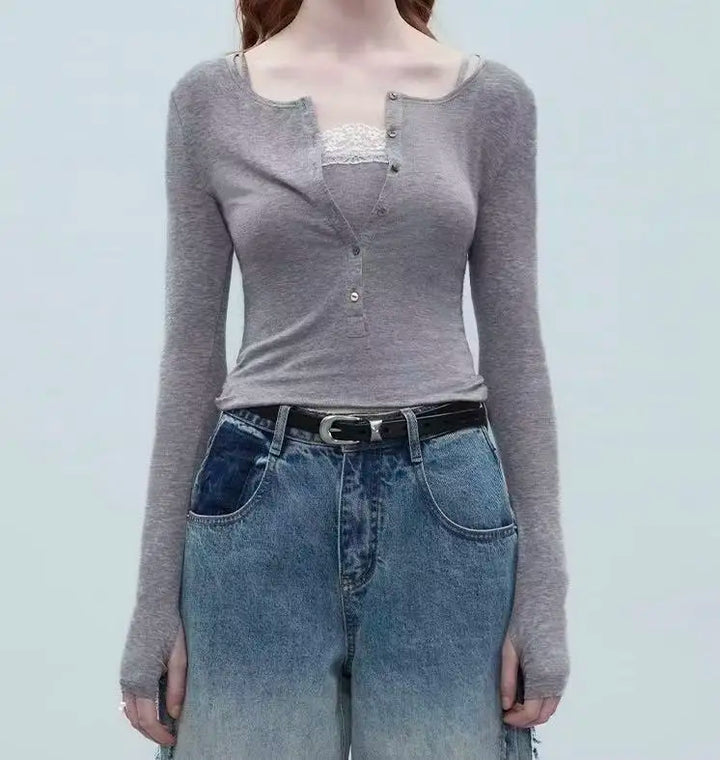 High Strecth T-shirts for Women Long-sleeved Lace Cardigan with Suspenders
