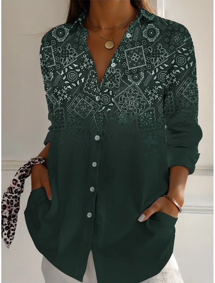 Women's Shirts Geometric Color Block Graphics Blouse Lapel Neck Blouse Women's Long Sleeve Shirts Womens Clothes Female Clothing