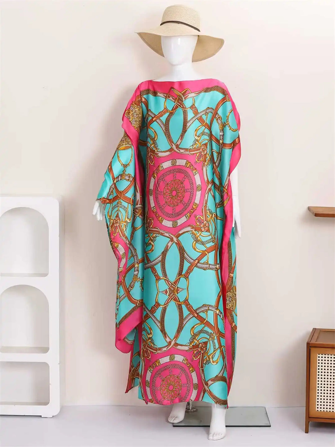 Women Muslim Kaftan Abaya With Matching Hijab Scarf Chain Print Maxi Dress Loose Batwing Sleeve Long Robe Set For Malay