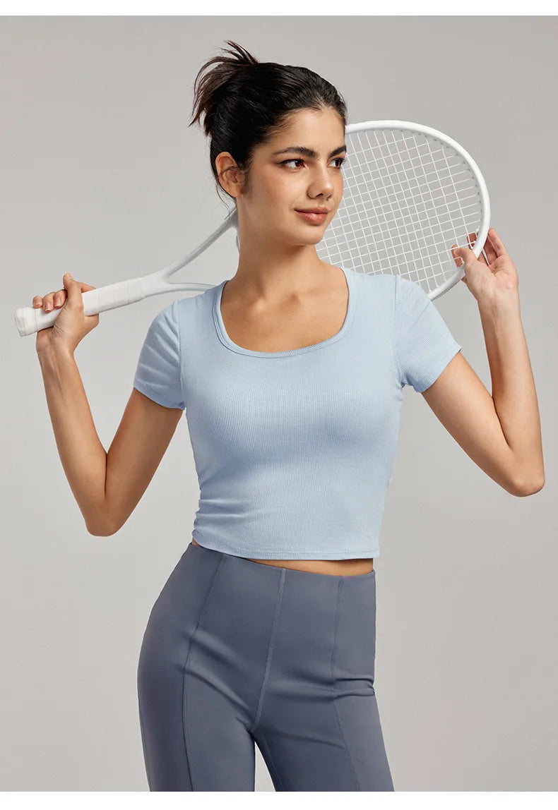 High-End Yoga Top for Women Summer Fitted Sports Short-Sleeve T-shirt Breathable Anti-Slip Cup Design