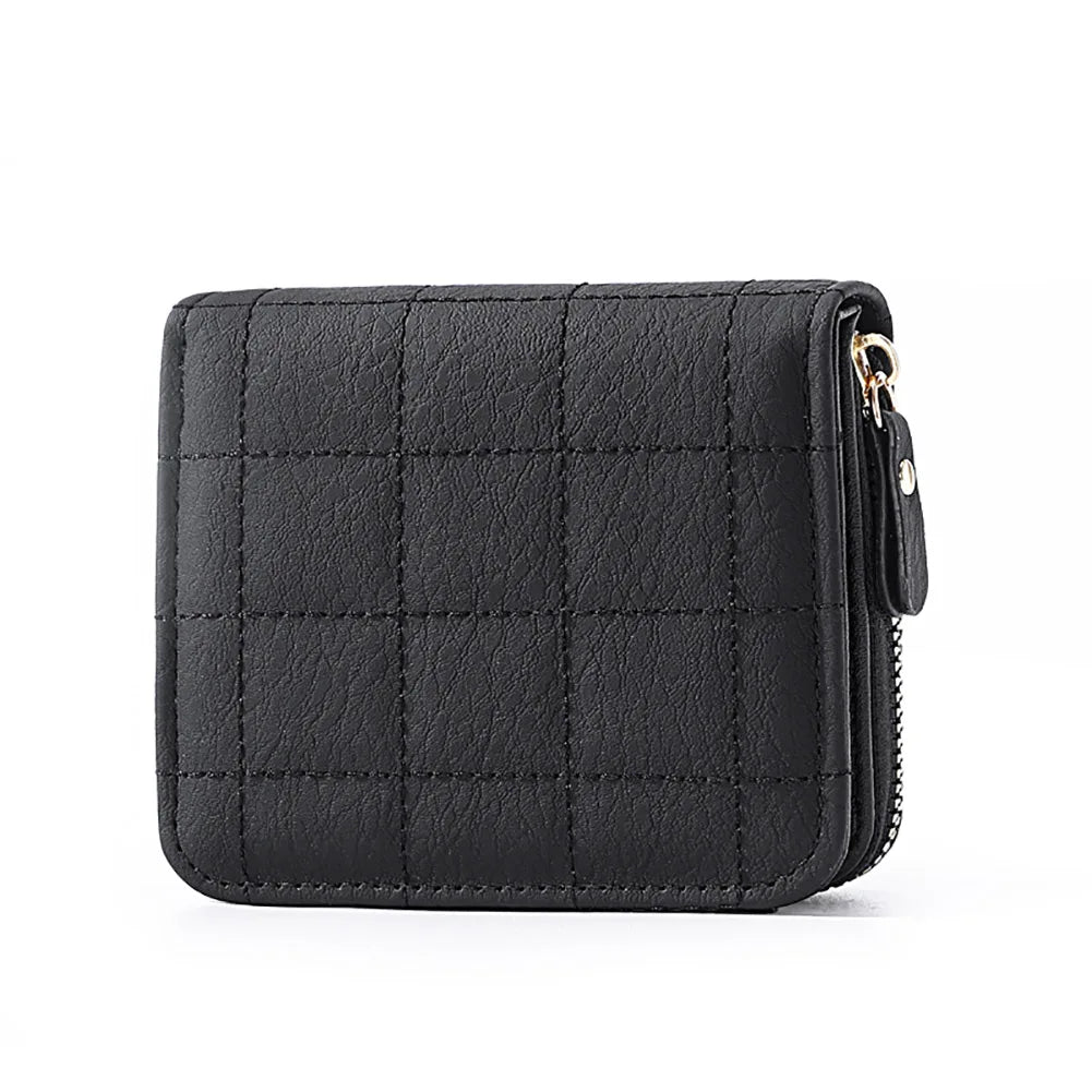 Women’s PU Leather Plaid Wallet – Small Card & Coin Holder with Zipper