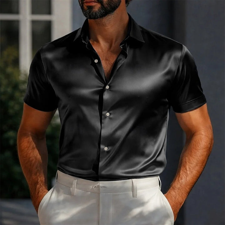 Men's Shirts Satin Shirts Formal Shirts Solid Color Daily Outdoor Light Blue Black White Navy Blue Short Sleeve Cuffed Summer Cl