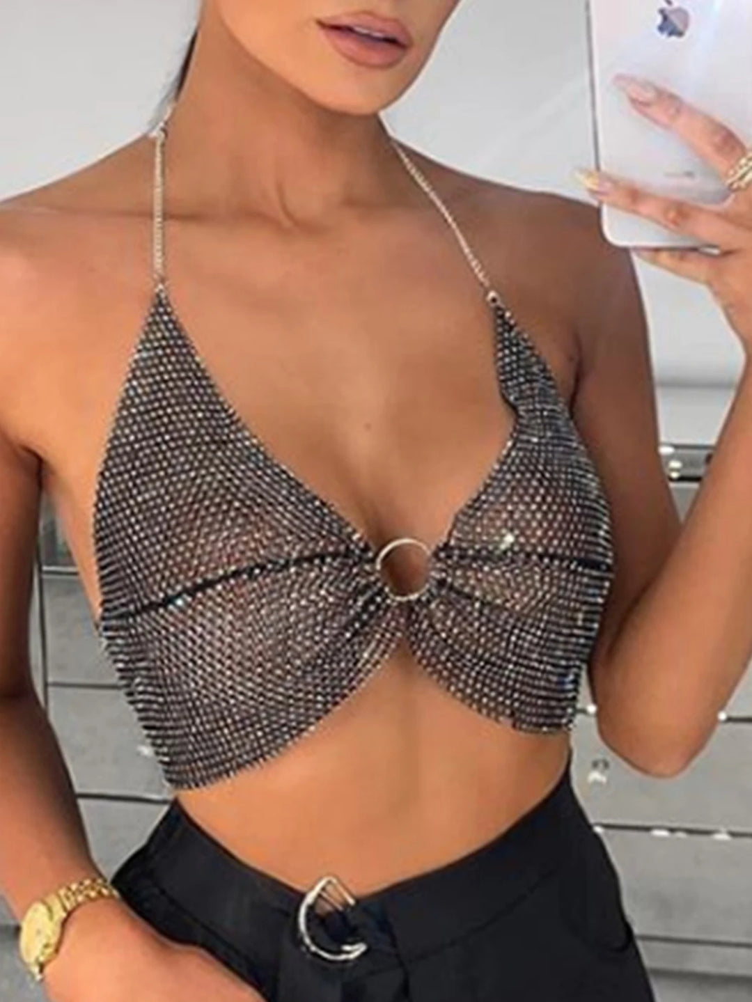 Sexy black White Summer crop top women festival Beach club outfits Party tank top t shirt woman Halter Rhinestones tops topy Hot