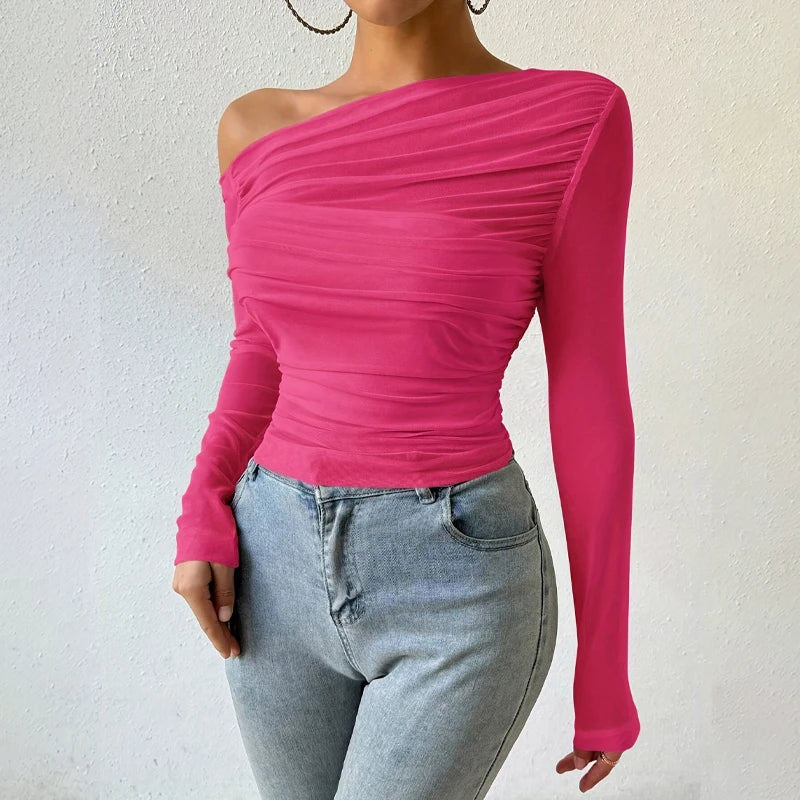 2025 Women’s Off-Shoulder Crop Top – Slim Fit Autumn/Winter Streetwear