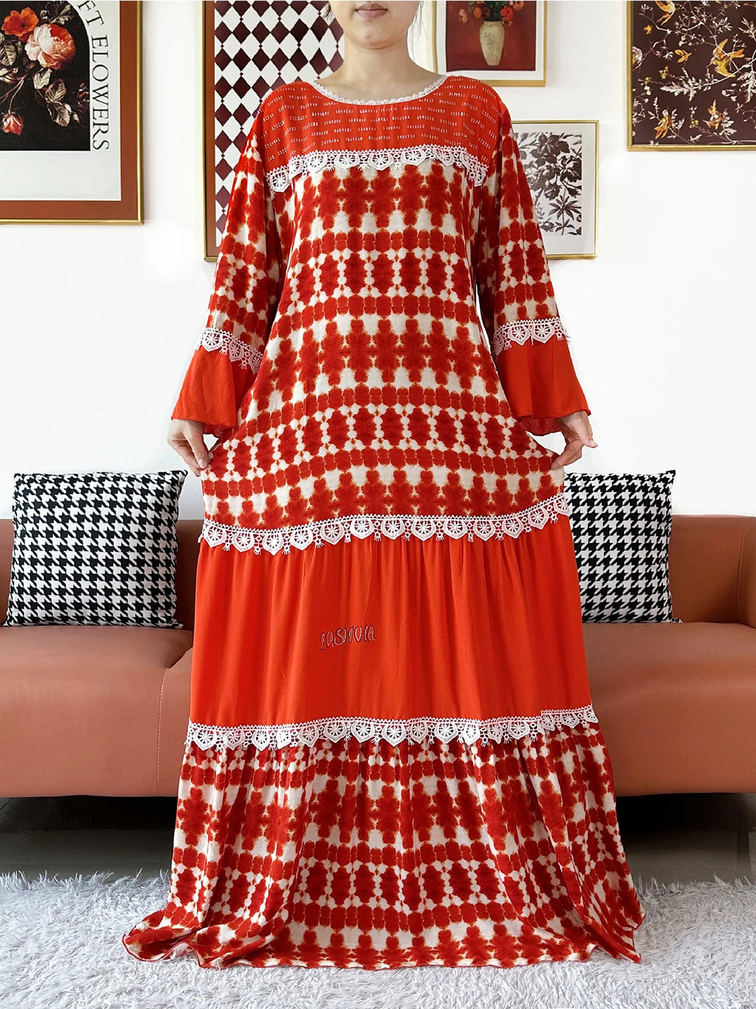 High Quality Women Party Kashkha Abaya Wave Floral Cotton Abaya African Boubou Muslim Loose Kaftan Maxi Dress with Big Shawls