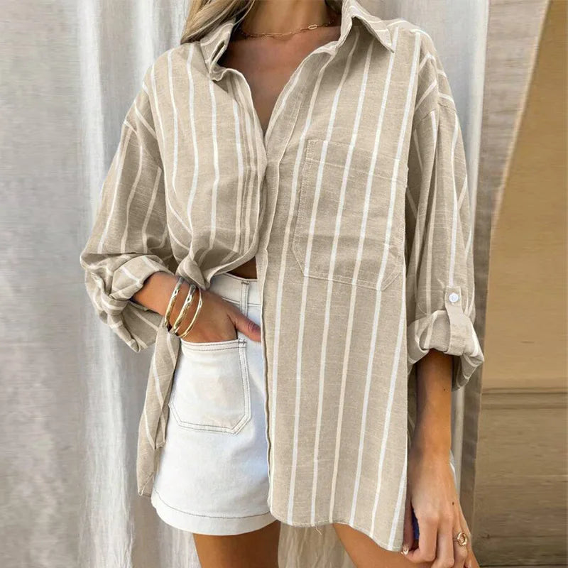 2026 Casual Loose Striped Shirts for Women Spring Summer Fashion Vintage Lapel Long Sleeve Tops Ladies Elegant Versatile Blouses