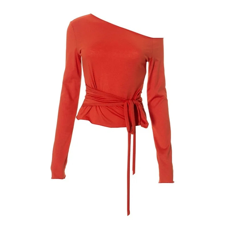 One Shoulder T Shirts For Women Aesthetic Clothes Sashes Crop Top Y2k Accessories Long Sleeve Lady Tshirt Ropa Mujer Camisetas