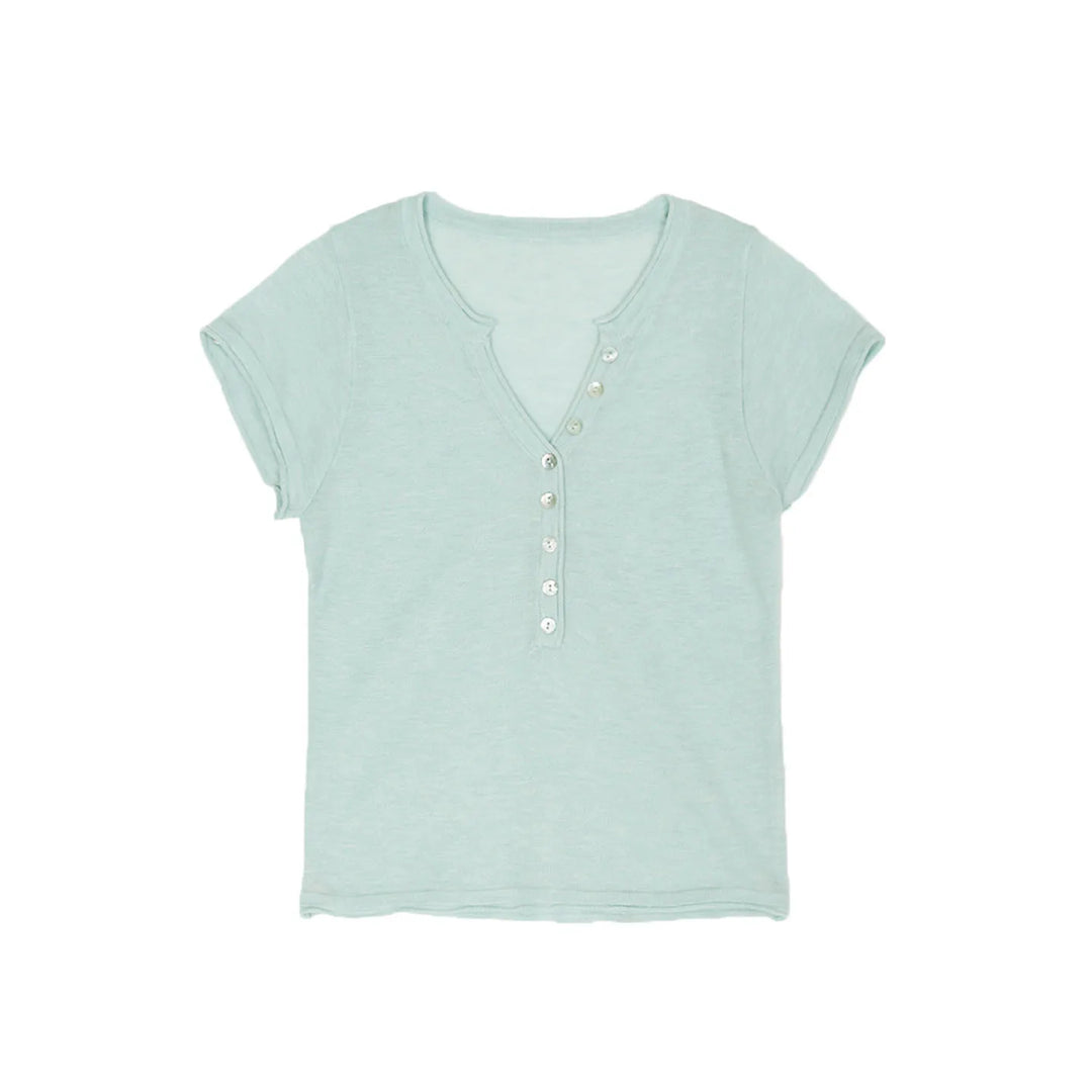 Shell Button Knit T-shirts Women Summer Simple Versatile Slim V-neck Short Sleeve Tess Sweet Korean Style Chic Tshirt Tops New