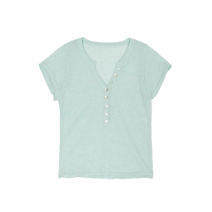 Shell Button Knit T-shirts Women Summer Simple Versatile Slim V-neck Short Sleeve Tess Sweet Korean Style Chic Tshirt Tops New