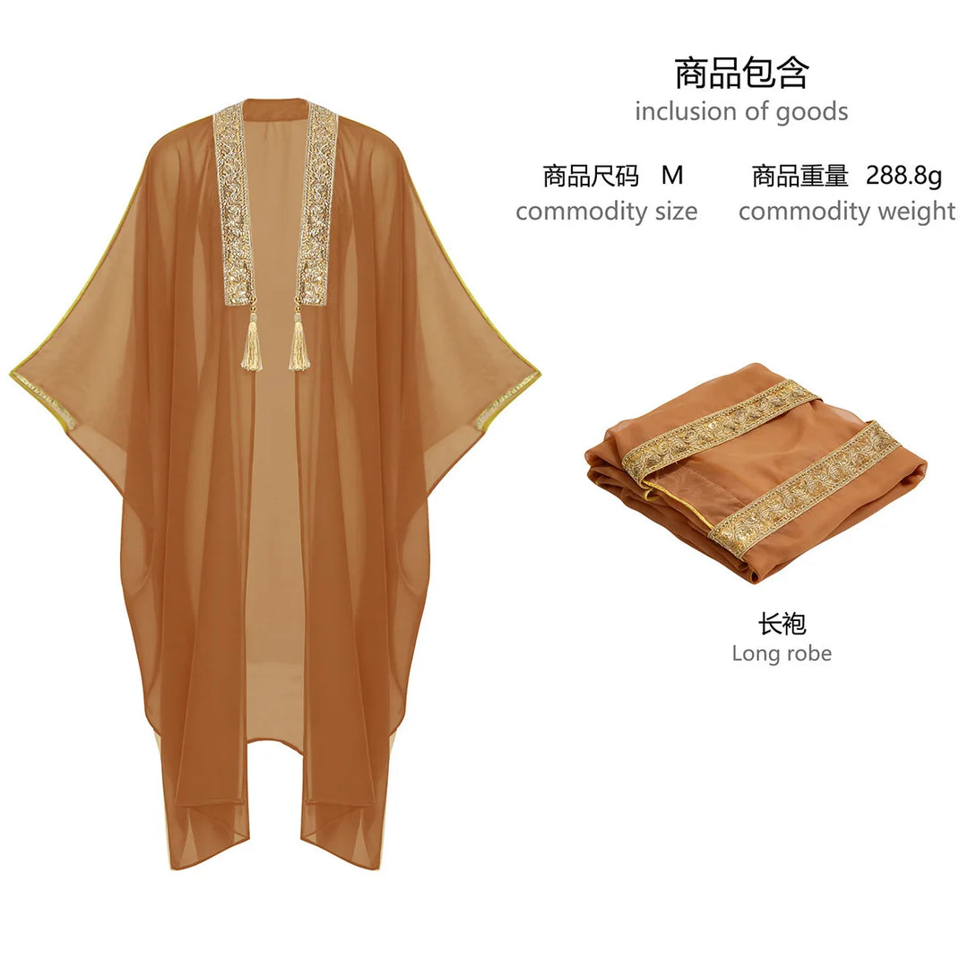 Men's Muslim Kimono-style Chiffon Robe Turkish Arabic Islamic Men's Muslim Robe Cosplay Ramadan Embroidered Robe Prayer Garment