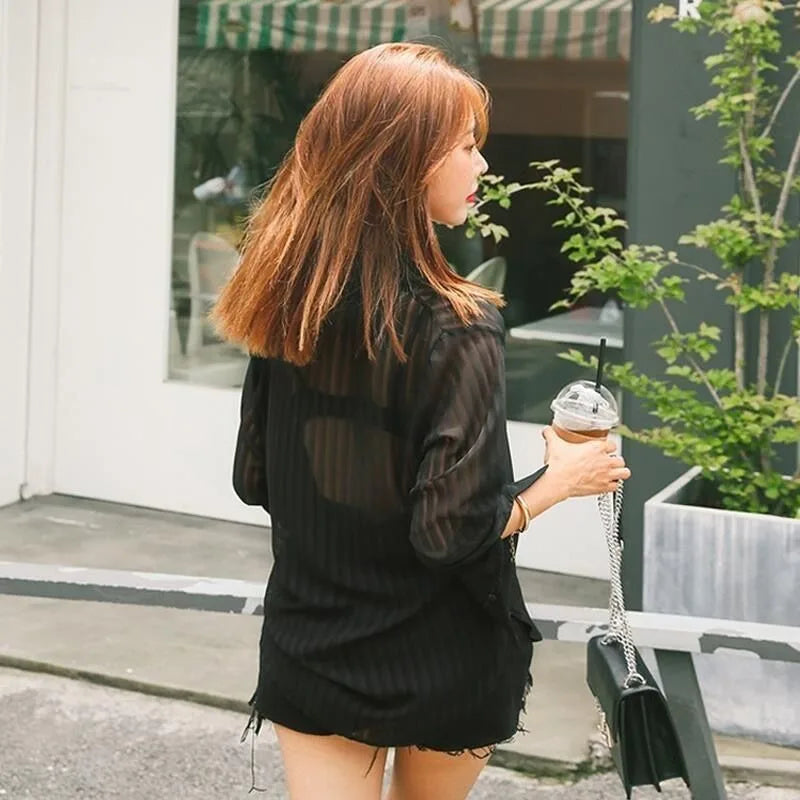 See Through Black Striped Shirts Women  Spring Summer Casual Long Sleeve Y2k Blusas Sexy Ladies White Chiffon Tops and Blouses