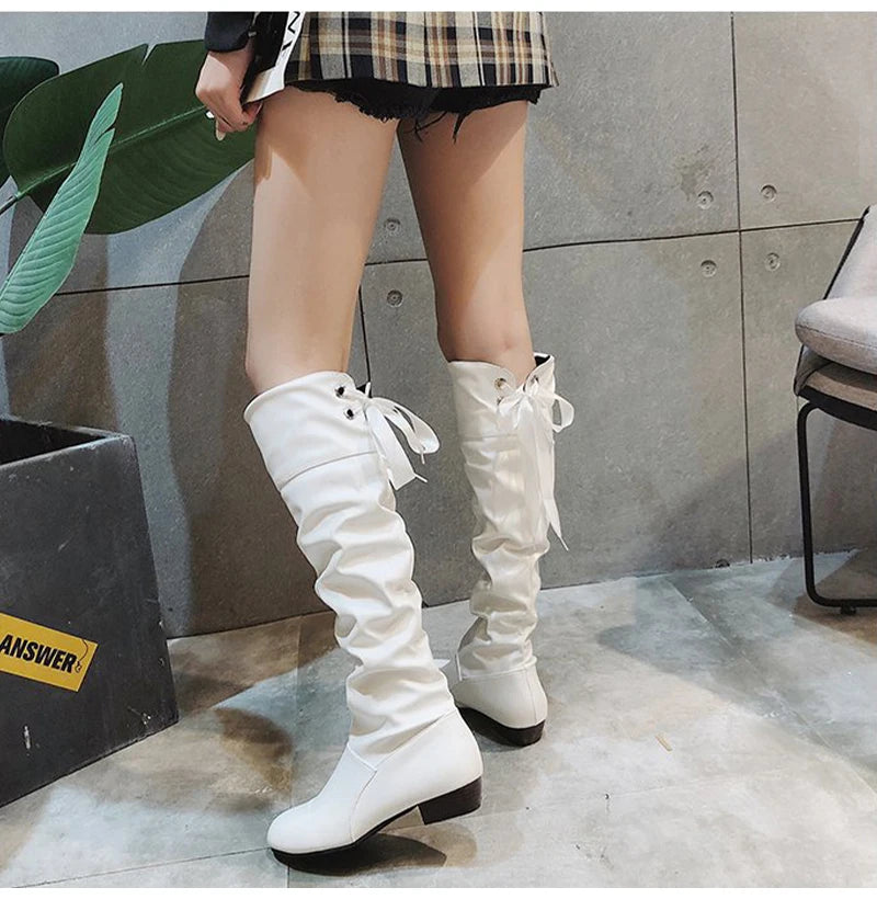 2024 Women’s Knee-High Boots – Pleated Leather, Low Heel, Casual Shoes