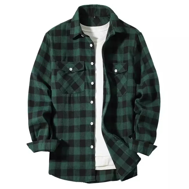 Mens Shirts Fashion Classic Plaid Cardigan Casual Shirt Long Sleeve Chest Two Pockets Turn-Down Collar Spring Autumn Men Tops