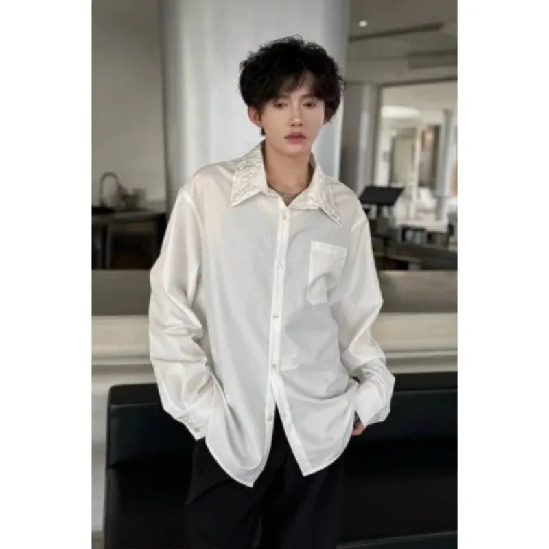 Men's Satin Shirt with Embellished Collar