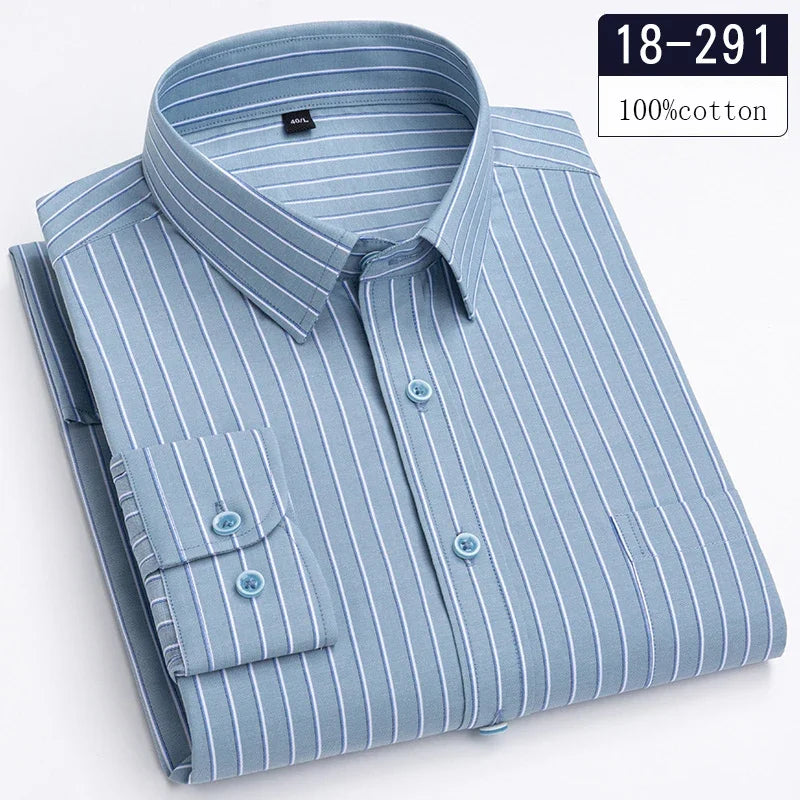New in Shirt 100% Cotton Long-Sleeve Shirts for Men Slim Fit Plain Shirt Thin Plaid Striped Tops Fashion Elegants Office Clothes