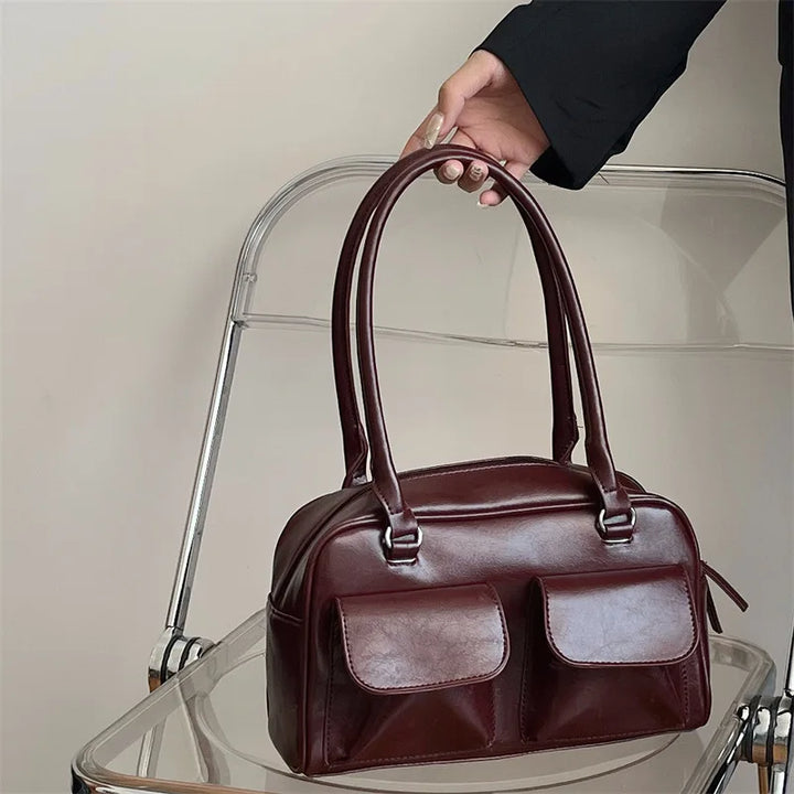 Vintage Women’s PU Leather Shoulder Bag – Large Burgundy Tote & Commute Purse