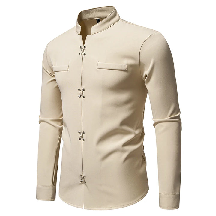 2025 Spring New Men Shirt Chinese Style Clothing Slim Fit Long Sleeves Shirt Camisa Social Office Wear Mandarin Collar Shirt