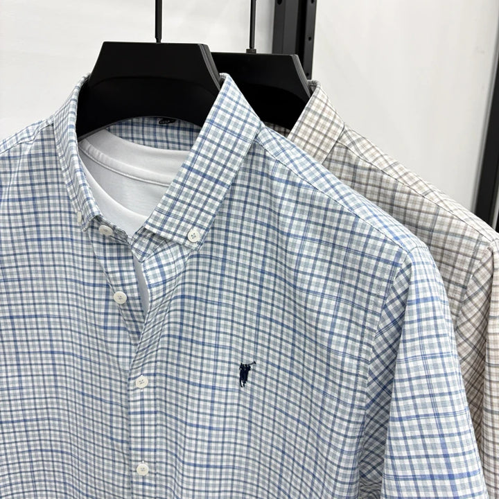 Short Sleeved Shirt for Men in Summer, Thin Design for Men, High-end Checkered Embroidered Shirt, Pure Cotton Top