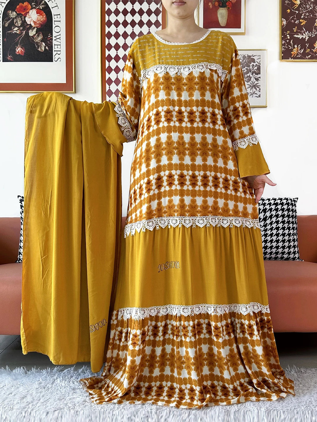 High Quality Women Party Kashkha Abaya Wave Floral Cotton Abaya African Boubou Muslim Loose Kaftan Maxi Dress with Big Shawls