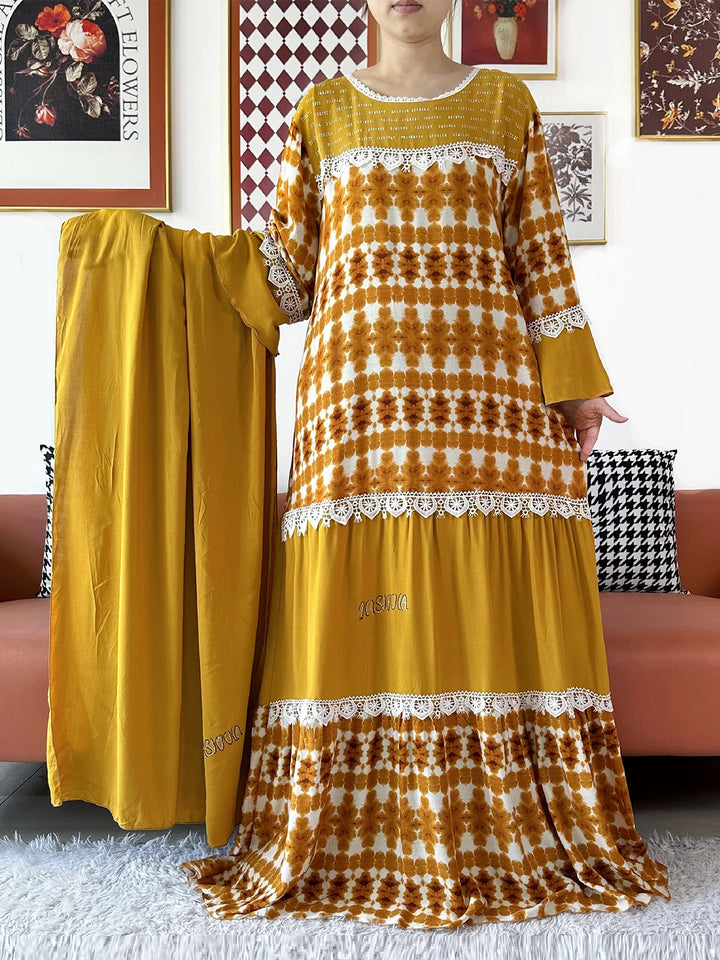 High Quality Women Party Kashkha Abaya Wave Floral Cotton Abaya African Boubou Muslim Loose Kaftan Maxi Dress with Big Shawls