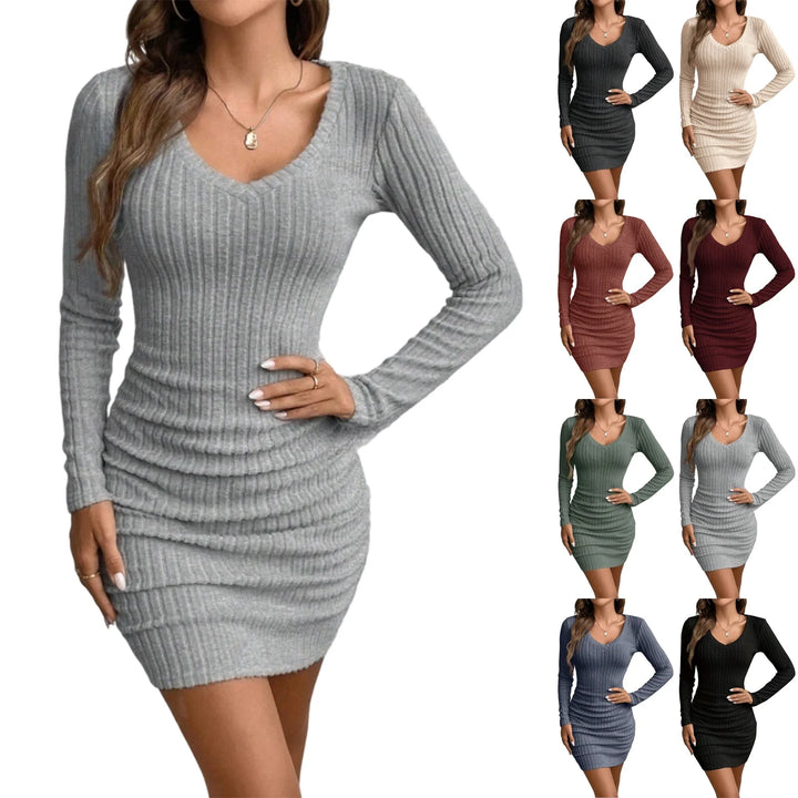 Women’s Fall/Winter Ribbed V-Neck Mini Dress – Slim Long Sleeve Casual Dress