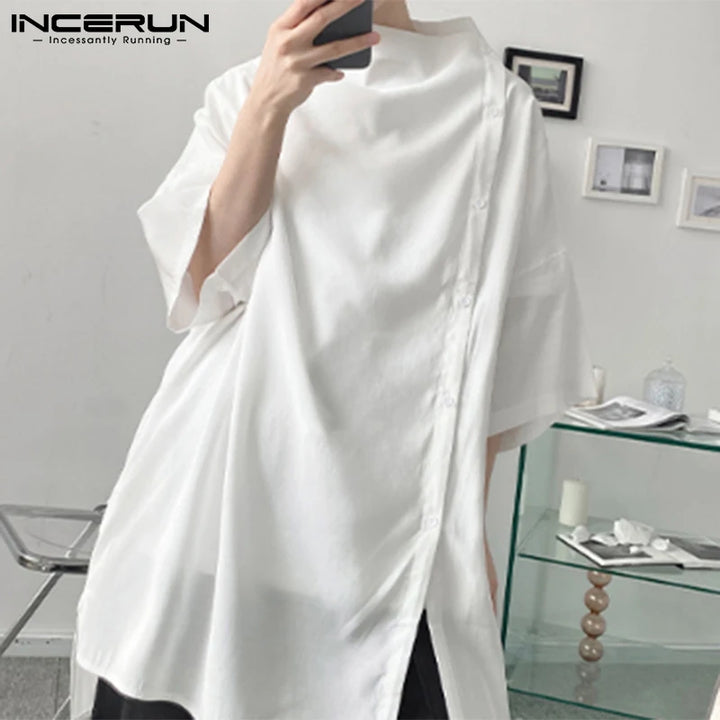 Handsome Well Fitting Men's Casual Shirts Solid Color Turtleneck Half Sleeve Button Up Camisa Masculina S-5XL INCERUN Tops 2023