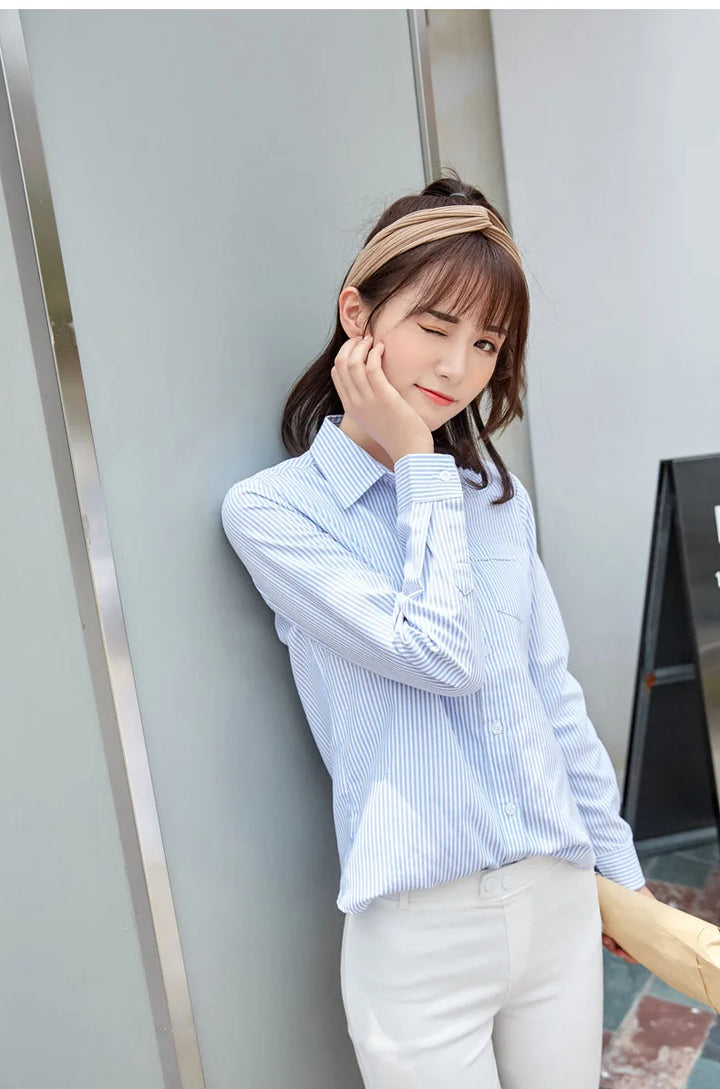 White Blue Pink Striped Shirt Women 2024 Spring New Simple Casual Long Sleeves Blouses and Tops Office Fashion Ladies Clothes