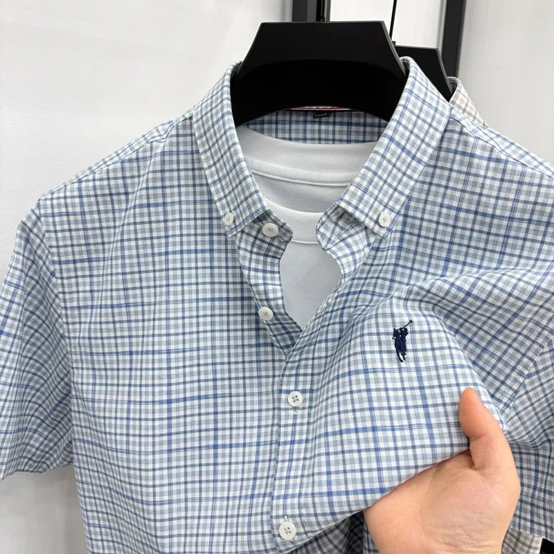 Short Sleeved Shirt for Men in Summer, Thin Design for Men, High-end Checkered Embroidered Shirt, Pure Cotton Top